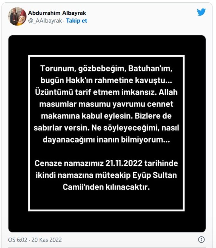 Abdurrahim Albayrak acı haberi sosyal medyadan duyurdu