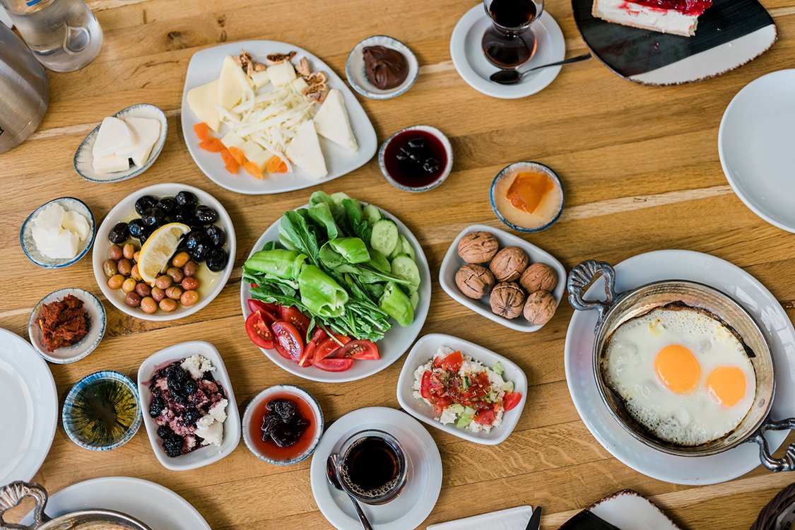 Turkish Breakfast with different dishes Flatlay