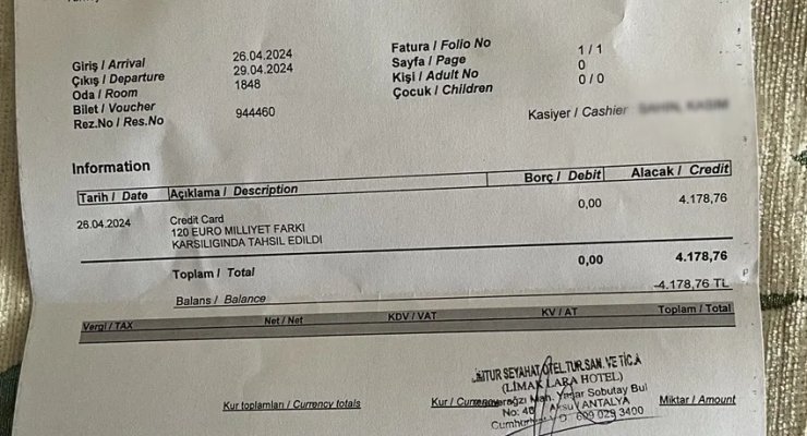 Limak Lara Hotel’in aldığı ‘milliyet farkı’ ücretinin makbuzu. Fotoğraf X